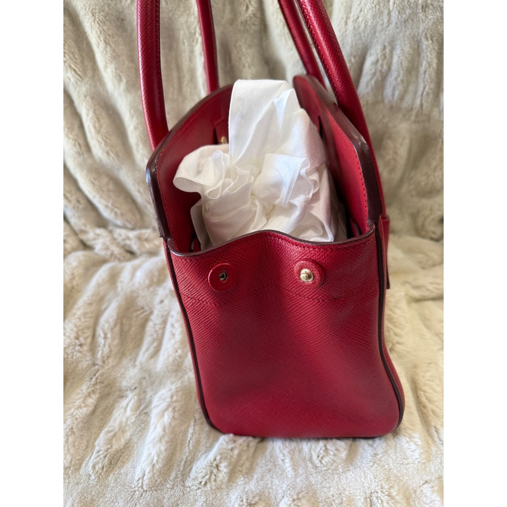 Prada Milano Red Saffiano Leather and Beige Canvas Tote Bag Handbag - Picture 6 of 15